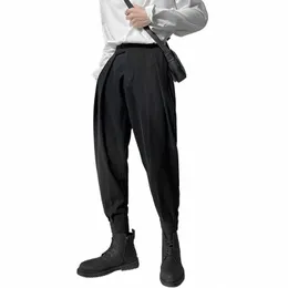 spring Autumn Mens Fi Harem Pants Smooth Pleated Trousers Black White Ankle Length Elastic Waist Tapered Casual Suit Pant A5wv#