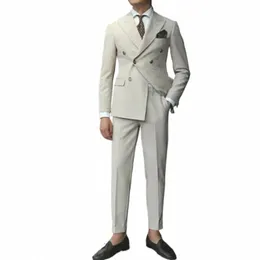 2023 Mens Suits Double Breasted Beige Suit for Man Peak Lapel Blazer Jacket Pants 2 Piece Formal Costume Homme Suits Stilig G8FC#
