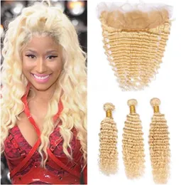 613 Blonde Malaysian Virgin Hair Weft Extensions with Frontal Closure Blonde 3 Bundles Deep Wave Human Hair Weaves with Lace Fron5434403