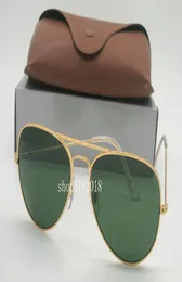 Drop Classic Pilot Mens Womens Solglasögon Metal Sol Glasögon Eyewear Gold Frame Green Glass Lenses 58mm 62mm With Brown Case2358545