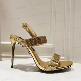 Lady Stiletto Sandals Pumps Rhinestone الكاحل حزام جلدي خارجي الأحذية المسائية