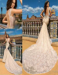 Великолепные дизайнерские кружевные свадебные платья русалки 2018 robe de mariage с V-образным вырезом без рукавов и бисером Хрустальный шлейф с открытой спиной Пляж B1255411