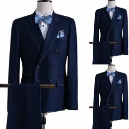 Темно-синие мужские костюмы на заказ 2 шт. Блейзер Брюки двубортные свадебные остроконечные лацканы на заказ Формальные на заказ плюс размер t5Ny #