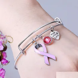 Charme pulseiras mulheres fita rosa para fêmea câncer de mama consciência extensível sier fio bangle enfermagem sobrevivente jóias presente gota d dhmbb