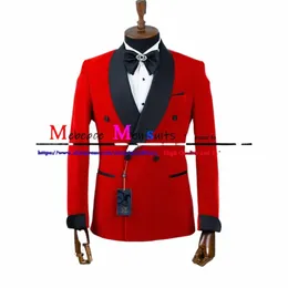 Custom Made Ternos de Casamento Vermelho Para Homens Slim Fit Double Breasted Homens Terno Casaco Calça Popular Noivos Smoking 2 Peça Traje Novio 70tB #