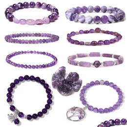 Charm Armband Energy Natural Amethyst Armband Healing Quartz Purple Crystal Stone Women smycken Male Bangle Stretch Cure Yoga Relie OTFC3