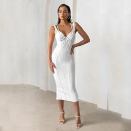 الفساتين غير الرسمية HQBORY 2024 نساء مثير الخامس MIDI الطول ضمادة اللباس الأبيض مزدوج السباغيتي حزام الأنيقة نادي podycon