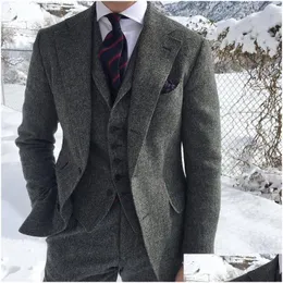 Męskie garnitury Blazers Grey Wool t Zimu mężczyźni na formalne pana młodego Tuxedo Herringbone Męska moda 3 -częściowa kamizelka kurtki pantstie Drop dostawa ot82a