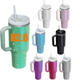 40oz Adventure Quencher New Diamond Vacuum vattenflaskor H2.0 Plus resemuggar tumlar med handtag glitter och halm anpassad