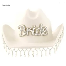 Berets B36D Bachelorettes Party Chapéu de Cowboy para Noiva com Pérola Fringed Chuveiro Nupcial Cowgirl Carnavais Poshoots