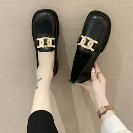 Casual Shoes Round Toe Normal Leather Low Heel Elegant For Woman 2024 Black Women's Summer Footwear Loafers Non Slip Stylish Y2k