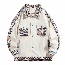 hip Hop Oversized Varsity Jackets Men Harajuku Bohemian Unique Pattern Printed Patchwork Multi-pockets Lapel Casual Coats Unisex m179#