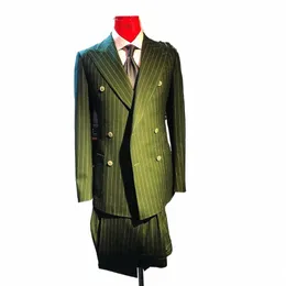 yeşil çizgili takım elbise erkekler ince fit çift göğüslü ceket pantolon 2 adet sigara içmek Busin blazer seti resmi damat smokin kuyruklu n0bo#