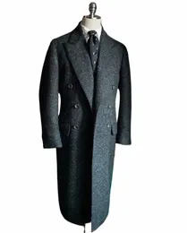 Herringbe Suit Jackor Män tweed Wool Blend Trench Coat LG Double Breasted Overcoat Military Busin Blazer Tailore Made O507#