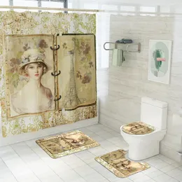 Коврики для ванной в европейском стиле Ретро Наборы для ванной комнаты Занавеска для душа Красивая девушка Коврик для унитаза Набор ковриков с крючками