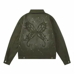 Hip Hop Speckled Ink Jeans Jackets American Dopamine Butterfly Print Wed Denim Coat Men's Distraed Denim Jackets Overdimensionerade L8PT#