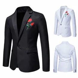 covrlge Men's Casual Suit Jacket Single Butt Busin Herringbe Solid Color Rose Brodery Blazer Suit Fit Coat Man MWX047 X1RZ#