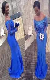 2018 Royal Blue Bridesmaid Dress Bateau Neck Mangas Compridas Slim Vintage Lace Apliques Maid of Honor Vestidos Full Lantejoulas Casamento Gue8756660