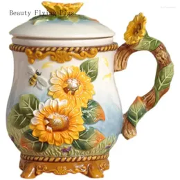 Mugs 1 Set Of Ceramic Sunflower Cup With Lid Creative Underglaze Colored Water Rural Style Mug For Home Use Coffee