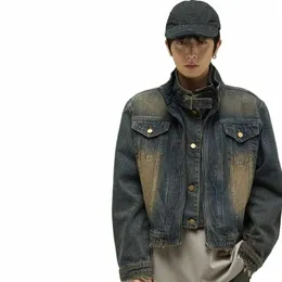 Męska kurtka dżinsowa American Vintage Fake Dwa sztuk Design Wed Trend Dżinsy płaszcza męska Hip Hop High Collar Unisex Otwea 2024 Y2DH#