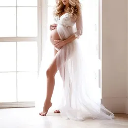 Abito lungo sexy per la gravidanza Pografia Bianco See Throught Tulle Maxi Baby Shower Abiti Maternità Donne Abiti Poshoot 240326