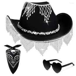 Berretti 3 pezzi Donna Cuore Occhiali da sole Fazzoletto Cappello da cowboy Set Carnevali All'aperto Tesa larga Fedora da sposa per Poshoots