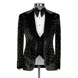 Black Man Veet Suits Slim Fit Groom Wedding Tuxedos Custom Made Gold Prom Blazer Busin Banquet Male Clothing V17V#