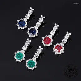 Stud Earrings 925 Sterling Silver Jewelry Blue Saphire Red Ruby Green Zircon Hanging Dangle For Women