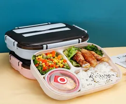 1000 ml Weizenstroh-Lunchbox mit Edelstahl-Suppenschüssel, 4 Trennwände, Bento-Mikrowellen-Aufbewahrungsbehälter, BPA-Geschirr-Sets2763675