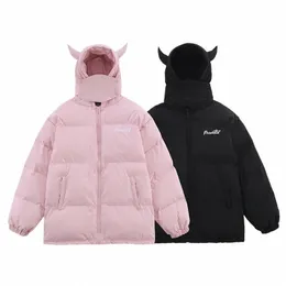 hooded Parkas Men Winter Devil's Horn Solid Color Cott Padded Jackets Women Loose Hip Hop Harajuku Puffer Bubble Outwear Coats J5Kz#