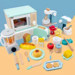 Neue Holz Set Spielzeug Für Kinder Jungen Mädchen Pretend Play Küche Zubehör Toaster Kaffee Maker Mixer Montessori Spielzeug
