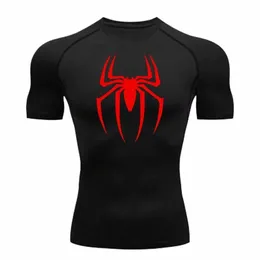 Herren Spider Print Compri Shirt, schnell trocknendes T-Shirt, Fitnessstudio-Lauftrikot, atmungsaktive Kurzarm, Frühling, Sommer, M-3XL 58Yh#