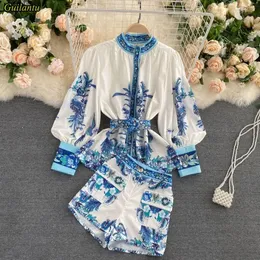 Guilantu primavera outono camisa e calças curtas conjunto de duas peças roupas moda impressão floral casual vintage 2 piec mulher define roupas 240327