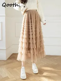 Qooth Autumn Korean Style Mesh Puffy Cake Long Skirtエレガントヴィンテージ弾性ウエストハイウエストボールガウンガーゼチュールスカートQT1989 240318