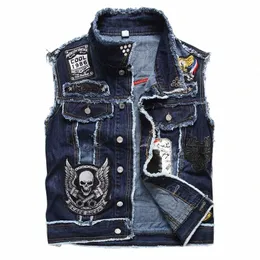 herrpunkstil denim västar skalle broderi ärm ära denim waistcoat jacka streetwear hip hop jeans väst 45wp#