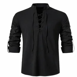 2022 New Men's V-neck Shirt T-Shirt Fi Vintage Thin Lg Sleeve Top Men Discalable frt lace up man tirts u7r4#