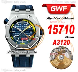 GWF V2 Dive 42mm 15710 A3120 Mens Mens Watch Blue Yellow Dial Steel Case Blue Rubber Strap Guets Watches Super Edition HelloWatch A44D