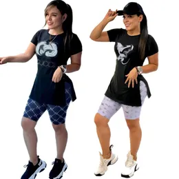 Neues, lässiges, digital bedrucktes Kurzarm-Shorts aus Baumwolle für Damen, zweiteiliges Set der Designermarke für Damen