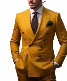 Amarelo escuro Homens Smoking Busin Terno Noivo Groomsman Prom Festa de Casamento Formal 2 Peça Set Calças Jaqueta a0UV #