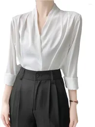 Женские блузки, осенняя женская элегантная рубашка с длинным рукавом и v-образным вырезом, весенняя винтажная шикарная атласная блузка с уксусной кислотой, большие размеры 6XL, белые топы