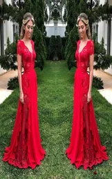 الدانتيل الأحمر انظر من خلال فساتين الحفلة الراقصة 2019 Deep v الرقبة الشيفون A Line Deviper Hight Length Zipper Back Party Party Dress Cheap5393723