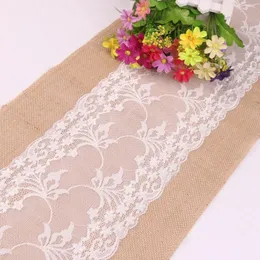 2024 Vintage Retro Burlap Linen Jute Event Party Supplies Grass Wedding New Year Cloth Tablecloth Christmas White Lace Table Runner