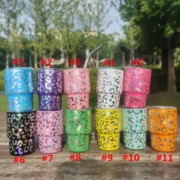 30oz holografisk cheetah skjutglas med metall halm rostfritt stål tumbler mini glas resor mugg vattenflaska vinglas