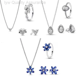 المصمم باندورا أقراط العائلة S925 Silver Jewelry مجموعة ثلاثية الأزرق على شكل الكمثرى القلادة القلادة