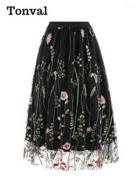 Röcke Tonval Floral besticktes Mesh-Overlay gefütterter langer Rock elastische Taille Damen elegantes Festival-Outfit Sommer Vintage