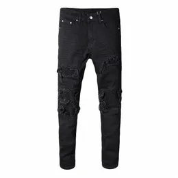 sokotoo Men's black patchwork stretch denim biker jeans for motorcycle Slim fit skinny ripped pencil pants P5j1#