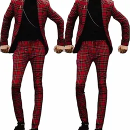 Fi Men's Suits Red Blazer Plaid Formal Ocn Terno Slim Fit Elegant Full Set 2ピースジャケットパンツウェディングコスチュームHomme J9EI＃