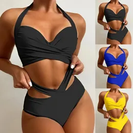 Mulheres Swimwear 2024 Verão Mulheres Biquinis Conjuntos Tow Piece Halter Ruched Strap Cintura Alta Cruz Split Swimsuit Feminino Beachwear Terno de banho