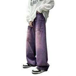 Фиолетовые широкие джинсы для мужчин Ins Fi Hip Hop Джинсовые брюки Винтажные повседневные брюки Уличная одежда Негабаритные днища Мужская одежда Y2K 370h #