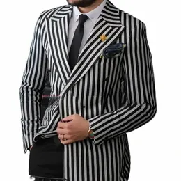 Ternos masculinos de luxo Blazer Preto Branco Stripe Double Breasted Peaked Lapela Elegante 2 Peça Calças Jaqueta Slim Fit Roupas de Alfaiate p29x #